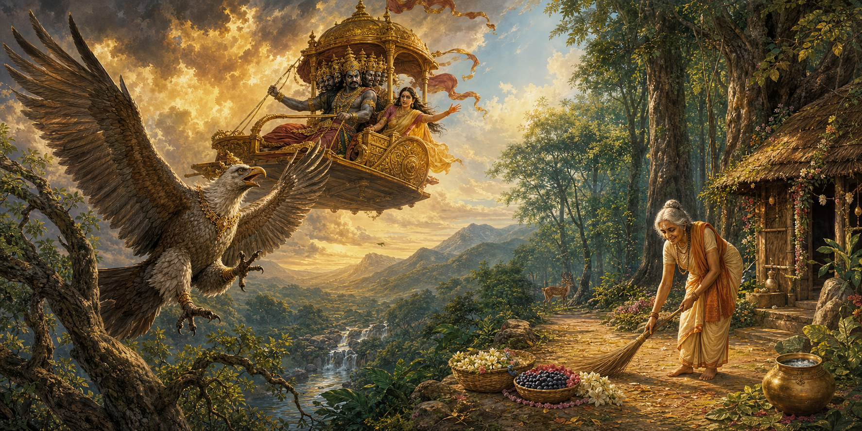 A two-part forest scene shows Jatayu flying to confront Ravana's chariot and Shabari preparing a swept path, berries, water, and flowers at her hermitage.