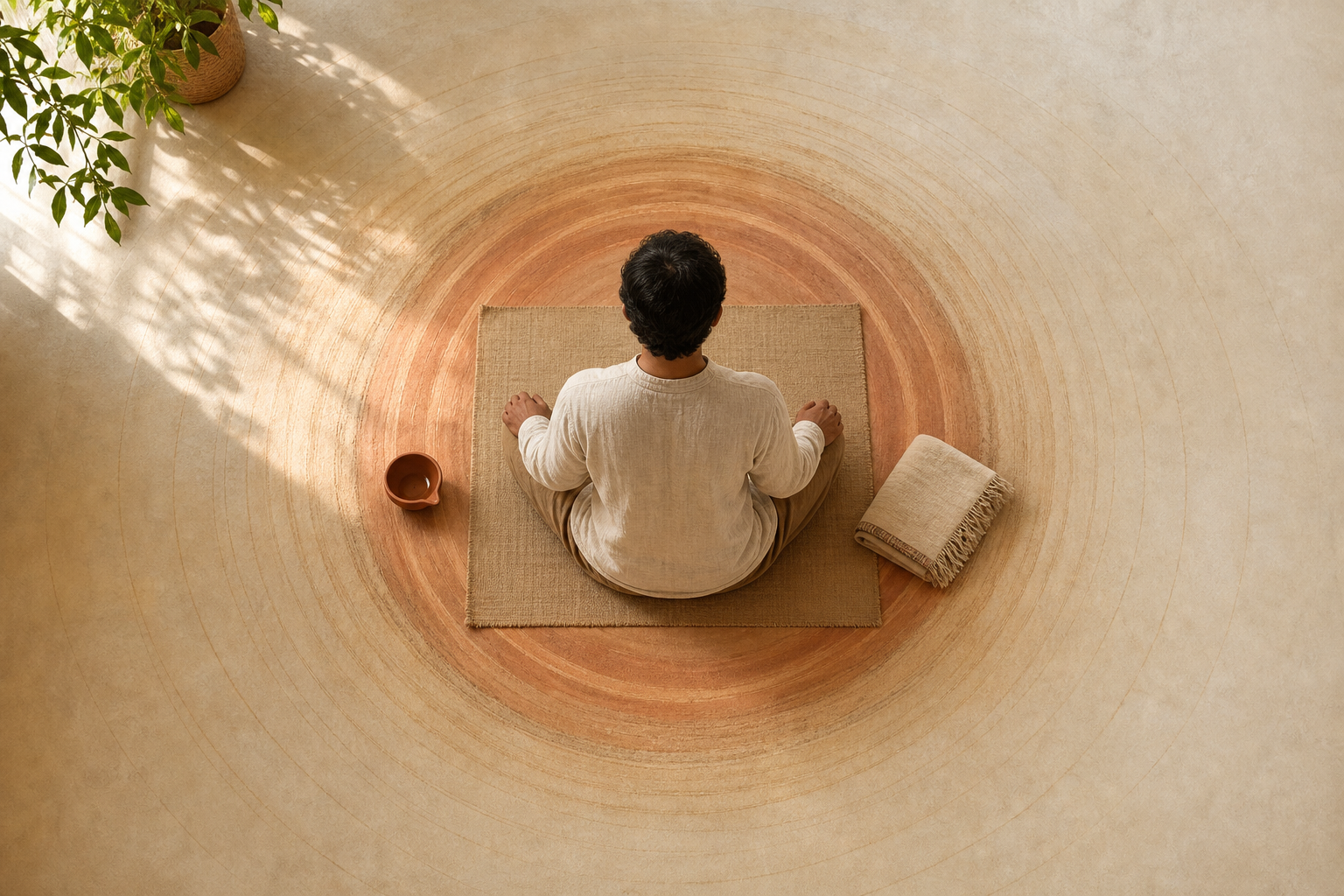 An overhead view shows a person seated on a simple mat within ripples that gradually fade into a still outer space.