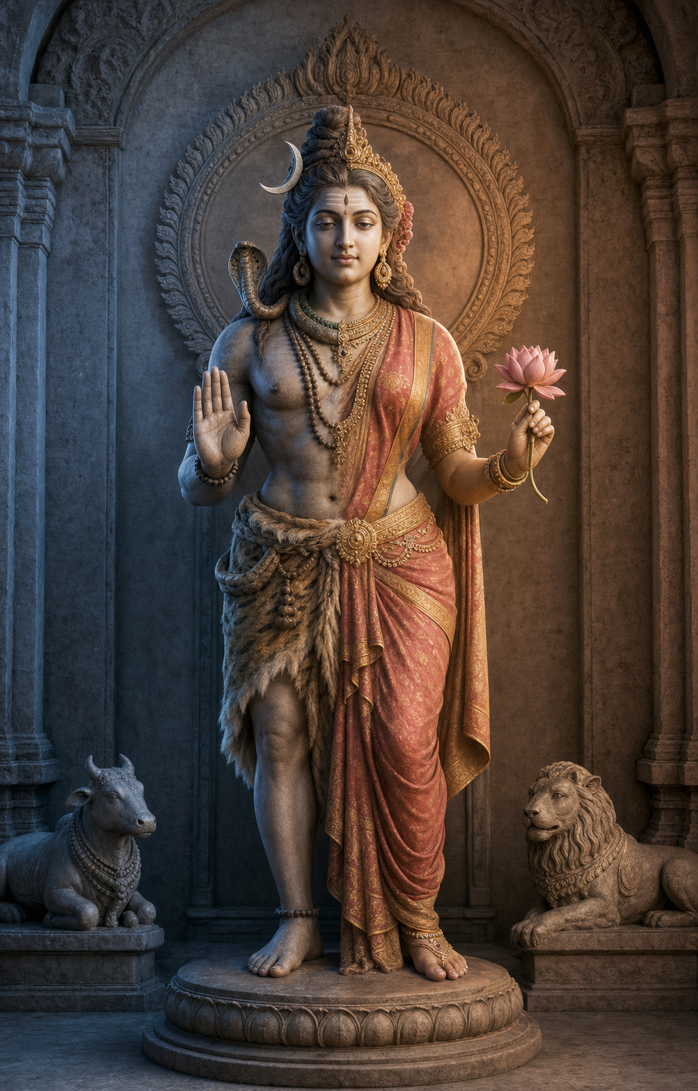 Ardhanarishvara appears as one standing figure whose right half has Shiva's matted hair and austere dress and whose left half has Parvati's jewelry and red-gold drapery.