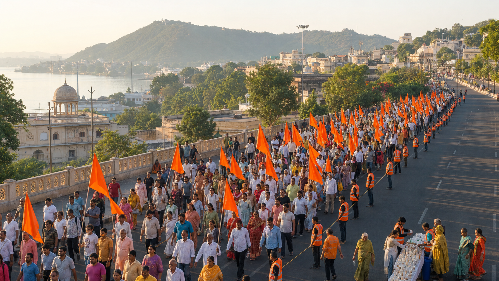 An orderly Hindu New Year procession carrying saffron flags moves along a lakeside avenue in Bhopal at sunrise.