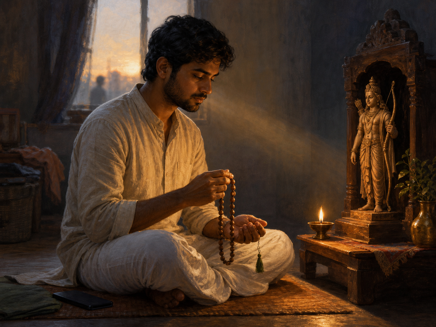 A devotee concentrates on prayer beads before a small sculpture of Rama while a face-down phone and household distractions remain out of focus.