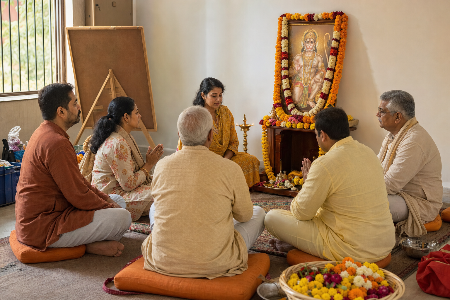 Community organizers sit together in quiet reflection beside a simple Shri Hanuman shrine before the celebration begins.