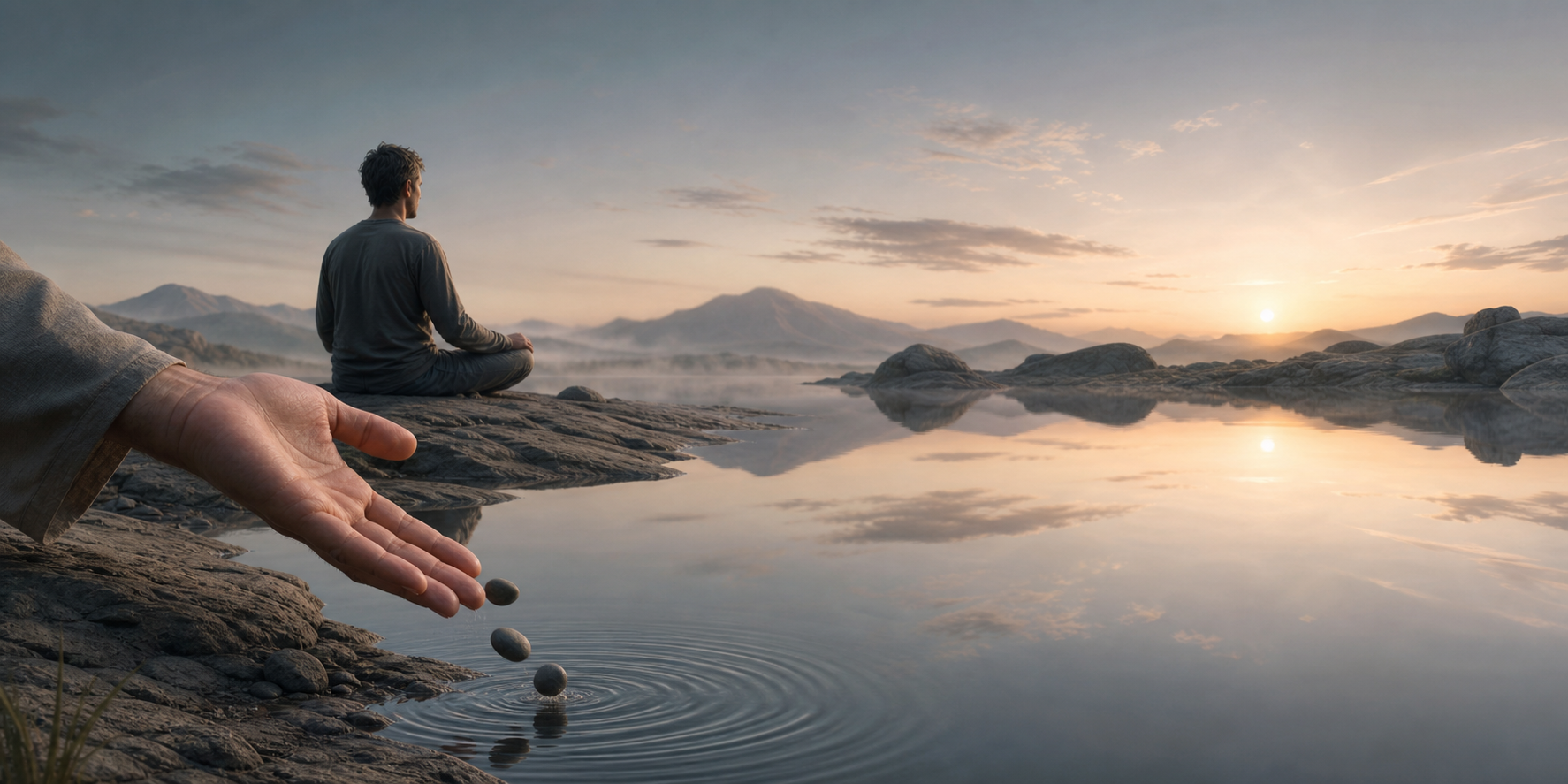 A relaxed hand releases pebbles beside a meditating person as ripples settle across a calm dawn pond.