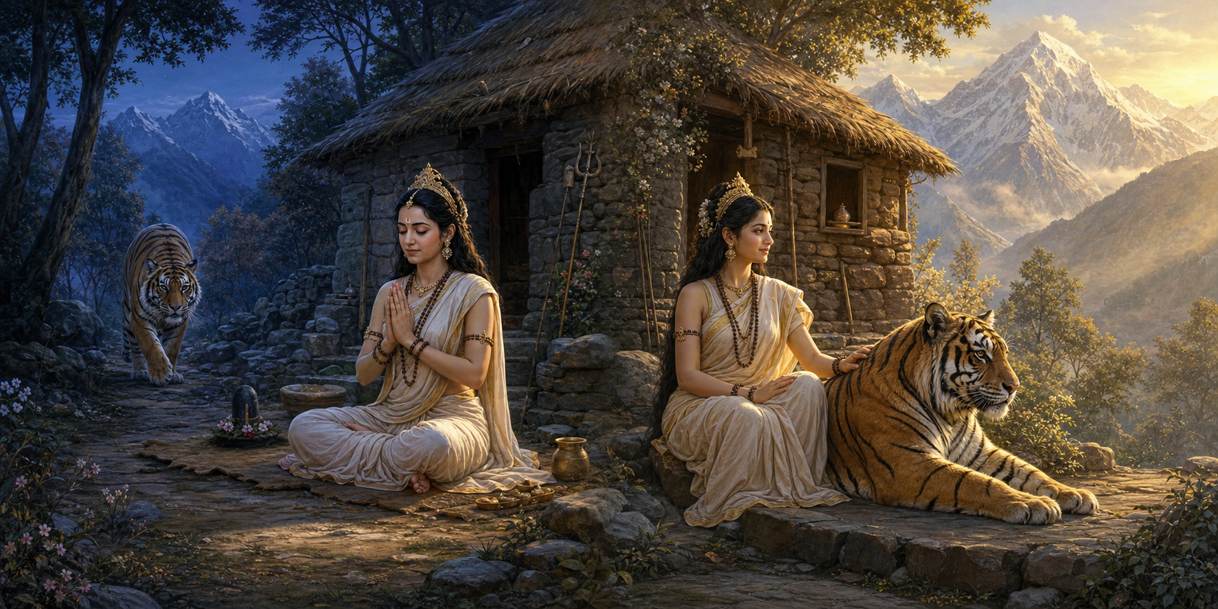 Two connected scenes show a tiger approaching Parvati during her penance and later keeping peaceful watch at her hermitage.