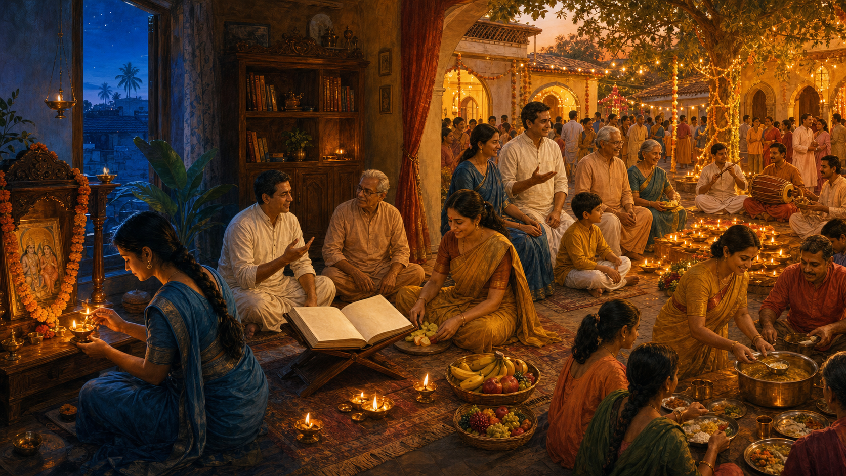 Three connected scenes show a person lighting a daily lamp, a family gathering for weekly reflection, and a community sharing food during a lamp-filled festival.