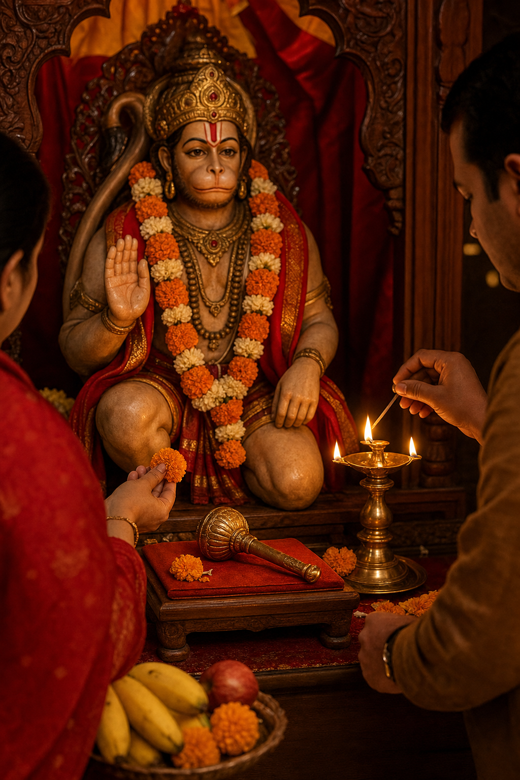 A small ceremonial gada rests on a flowered platform below a murti of Shri Hanuman as devotees offer a marigold and light a lamp.
