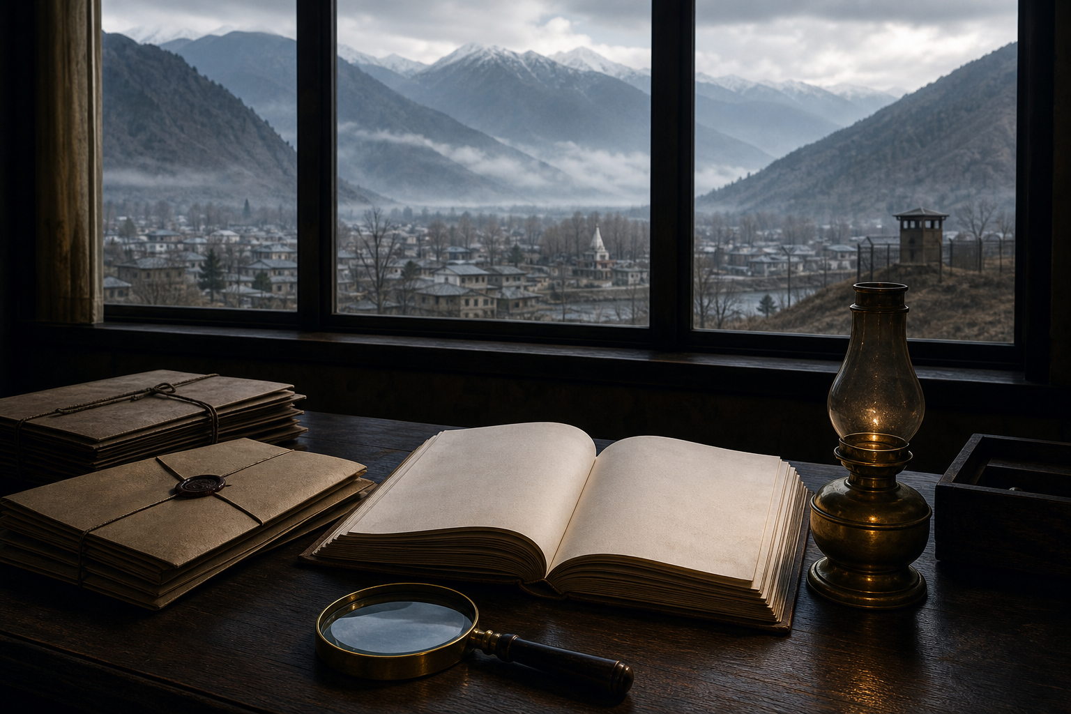 An evidence dossier, sealed folders, a magnifying glass, and a brass oil lamp sit in a review chamber overlooking a misty Kashmir valley with a distant temple spire and security post.