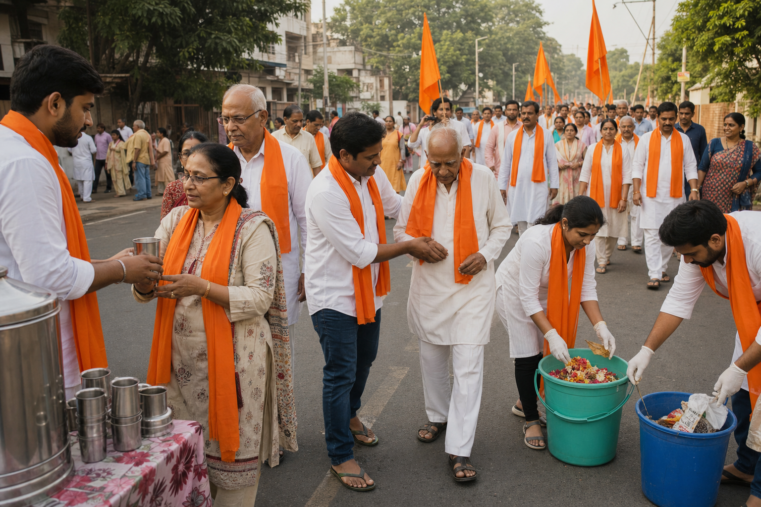 Volunteers distribute water, assist an elderly walker and collect litter during a saffron-flag procession in Bhopal.