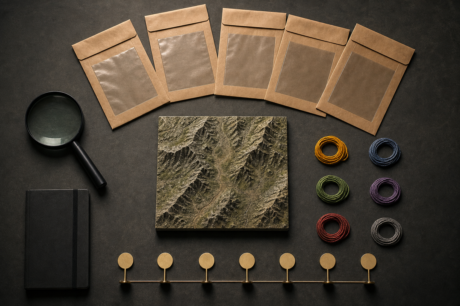 A magnifying glass, unmarked evidence sleeves, blank timeline markers, and several unconnected threads are arranged on an investigator's table.
