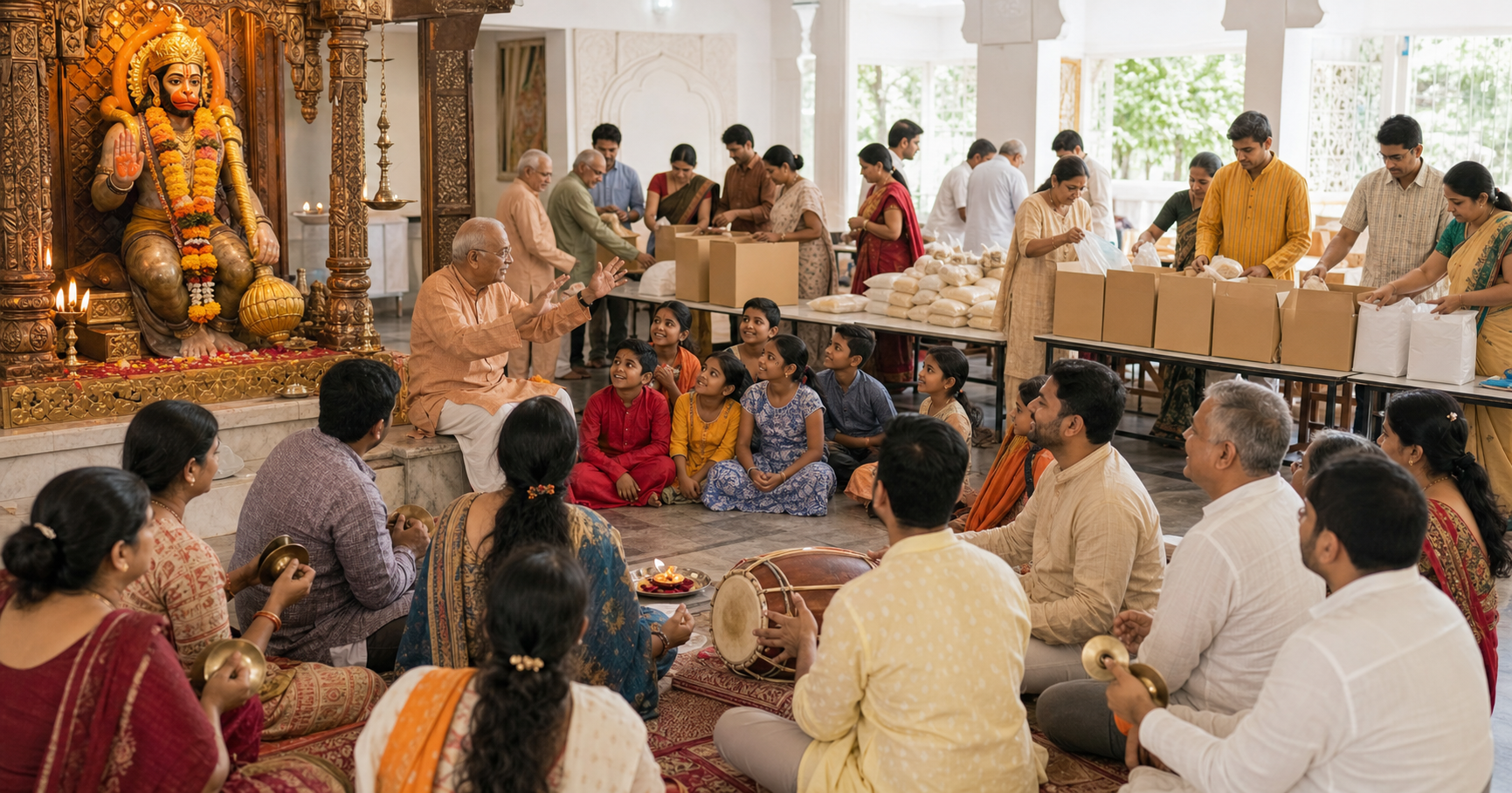Families sing devotional music, children listen to an elder, and volunteers prepare food parcels in the same Hanuman Jayanti gathering.