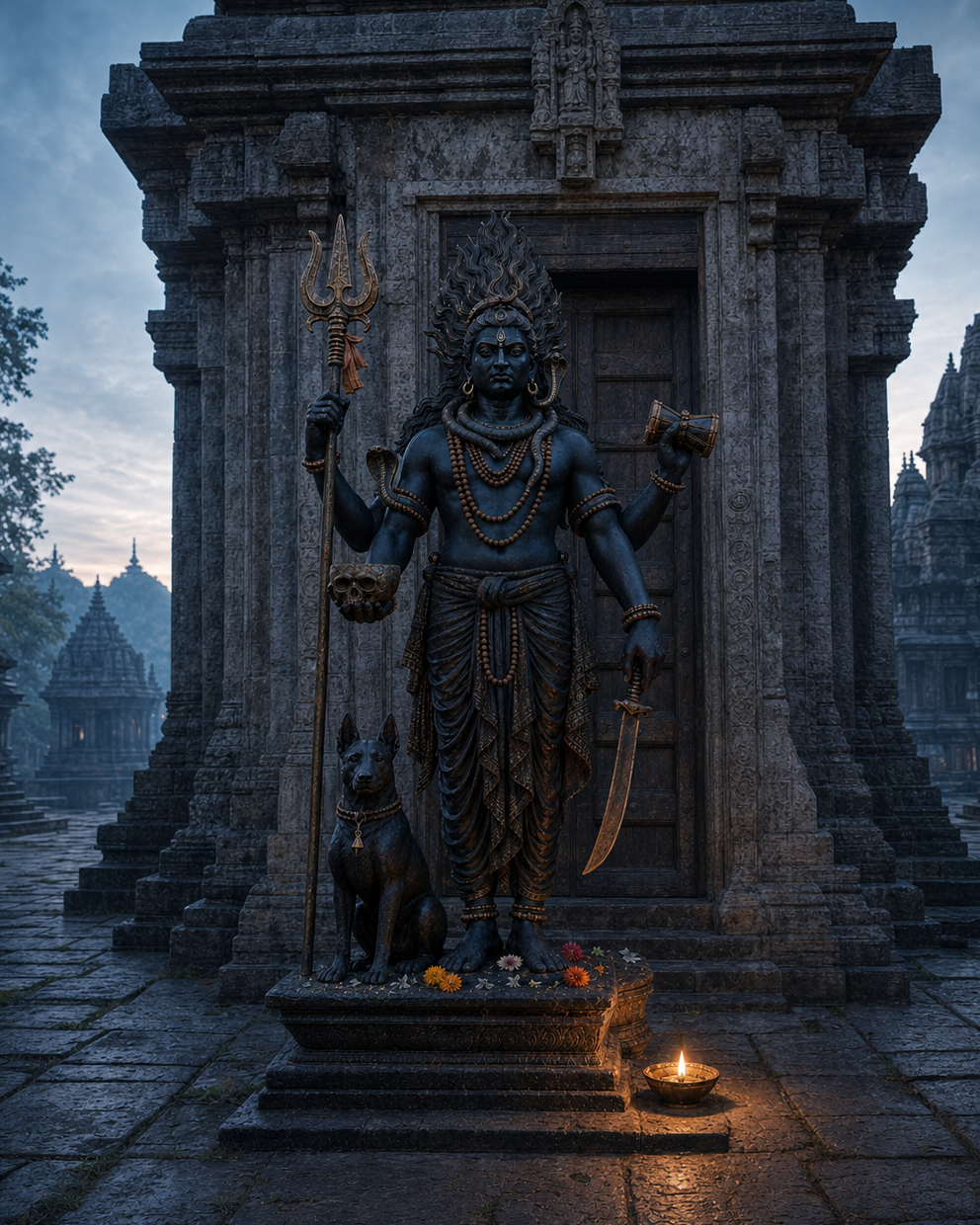 A four-armed stone Bhairava stands at a temple threshold with a trident, drum, ritual bowl and sword, accompanied by an alert dog and a small oil lamp.