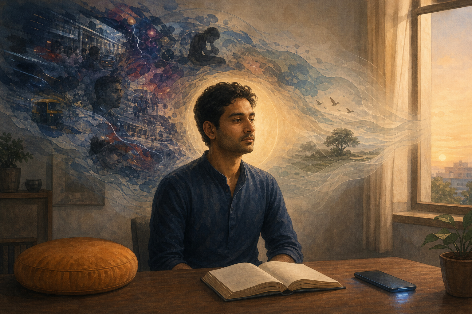 A person sits at a desk beside an open book and a glowing phone as swirling translucent currents surround a calm area of golden light near the head.