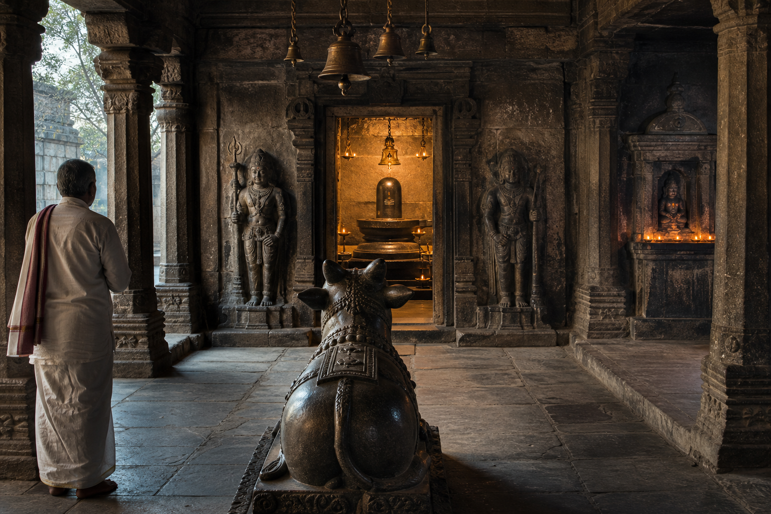 A visitor looks through a pillared temple hall where Nandi faces a Shiva linga in the illuminated sanctum, with guardians and oil lamps around the doorway.