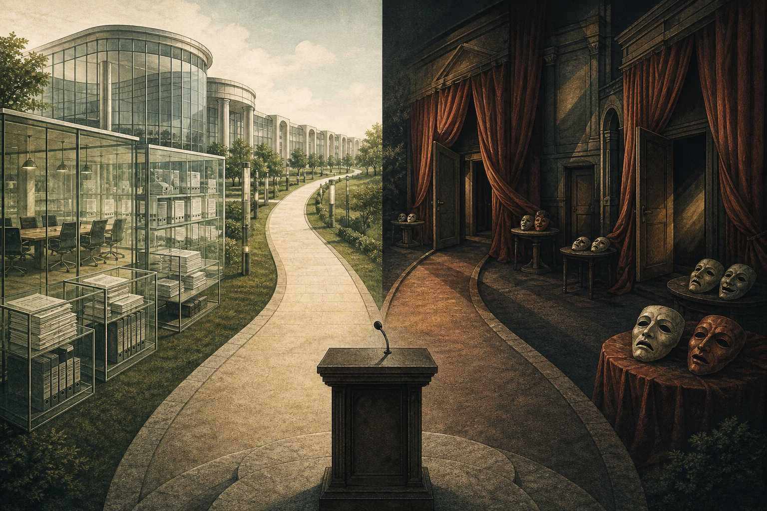 A forked path leads from a podium toward transparent public institutions on one side and concealed doors and masks on the other.