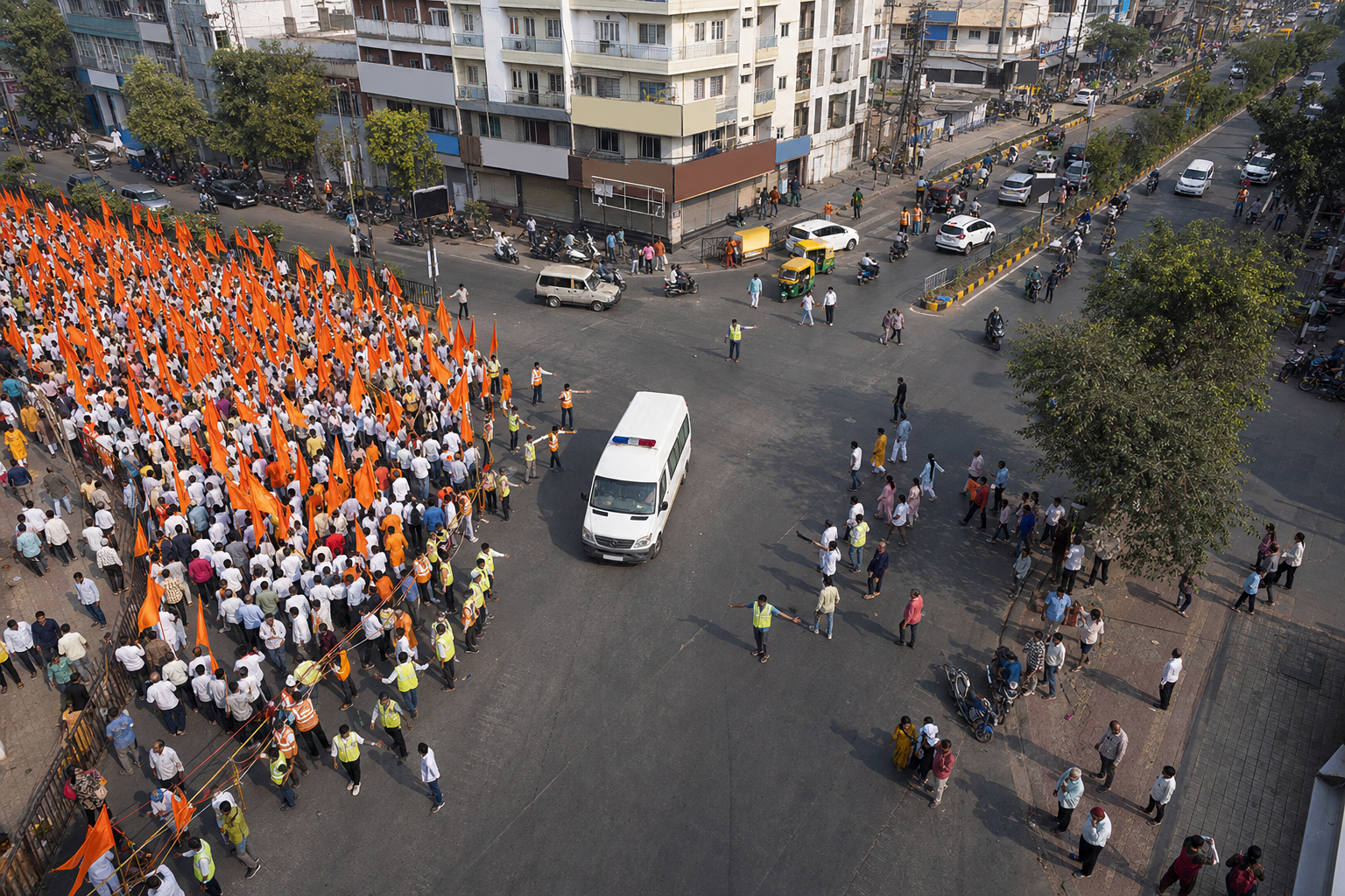 Volunteer marshals keep an emergency lane and pedestrian crossing open beside a large saffron-flag procession at a Bhopal intersection.