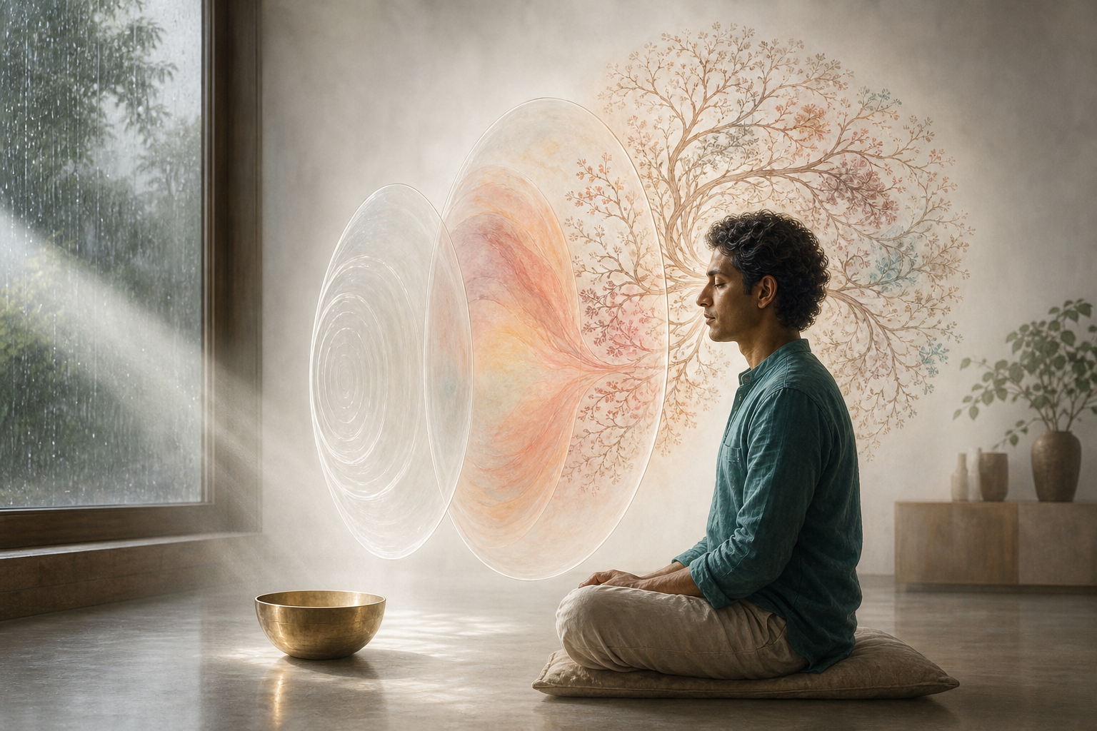 A seated person observes a brass bowl in window light while translucent layers of sensation, emotion, and memory-like forms appear between the object and the mind.