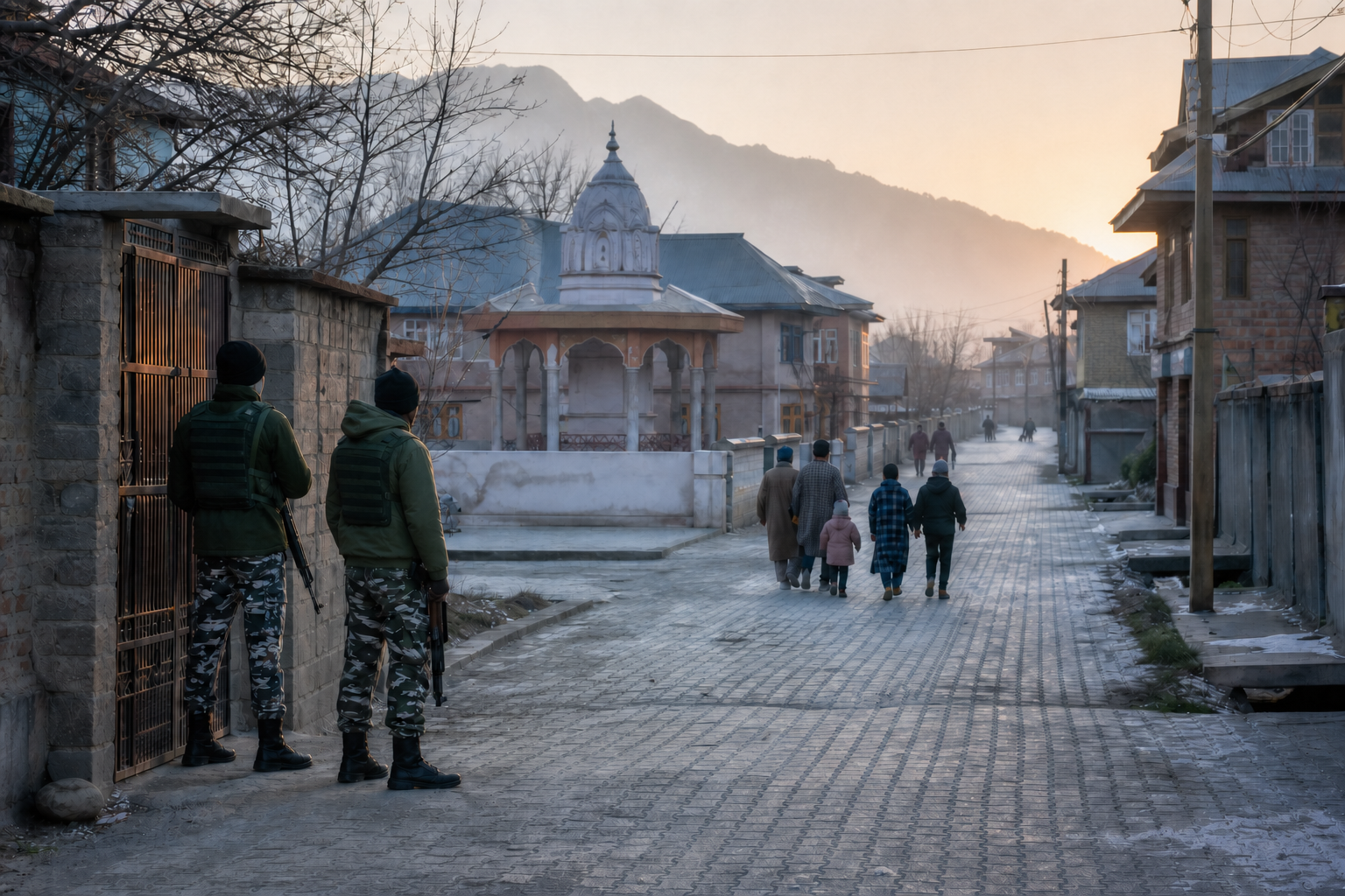 Security personnel watch over a residential lane at dawn as families pass near homes and a modest temple courtyard in a mountain neighborhood.