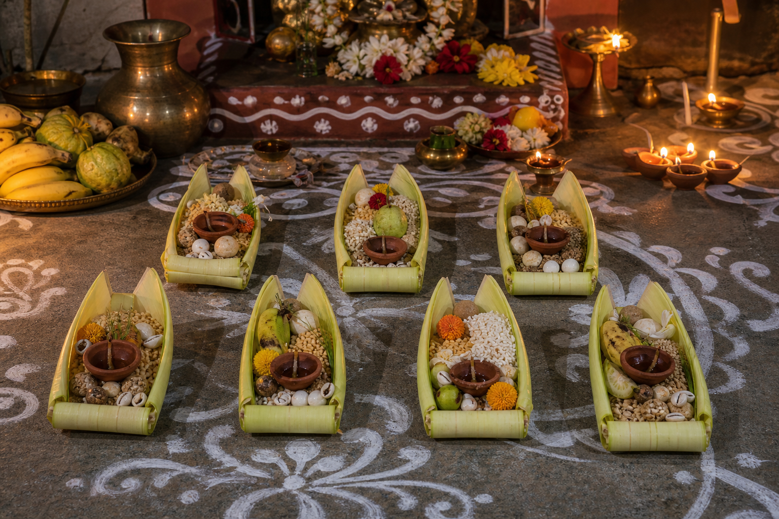 Seven small banana-stem boats with offerings arranged on alpana beside a Kojagari Lakshmi Puja altar.