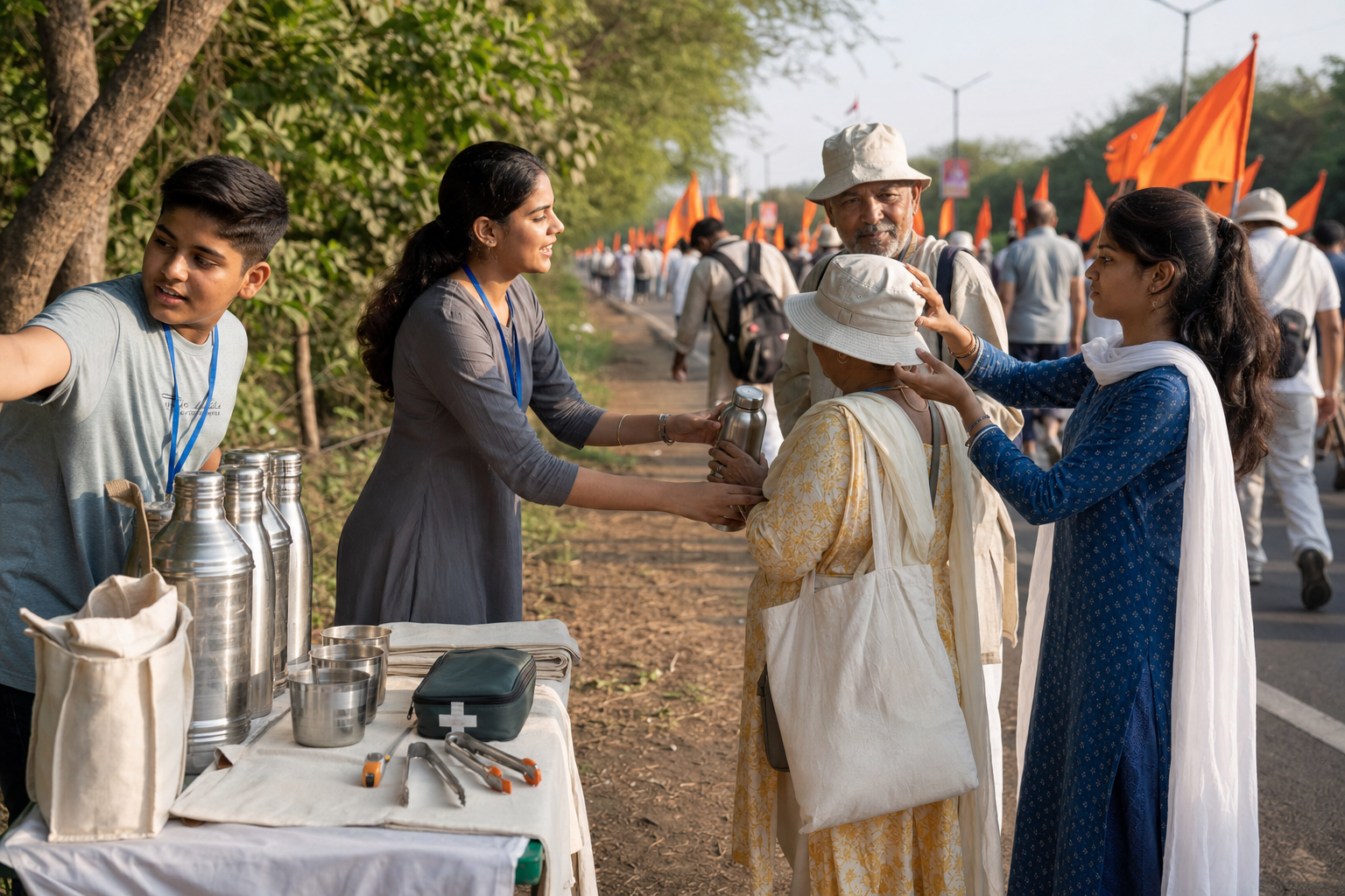 People prepare water, first-aid supplies and cleanup tools before joining an orderly Hindu New Year procession in Bhopal.