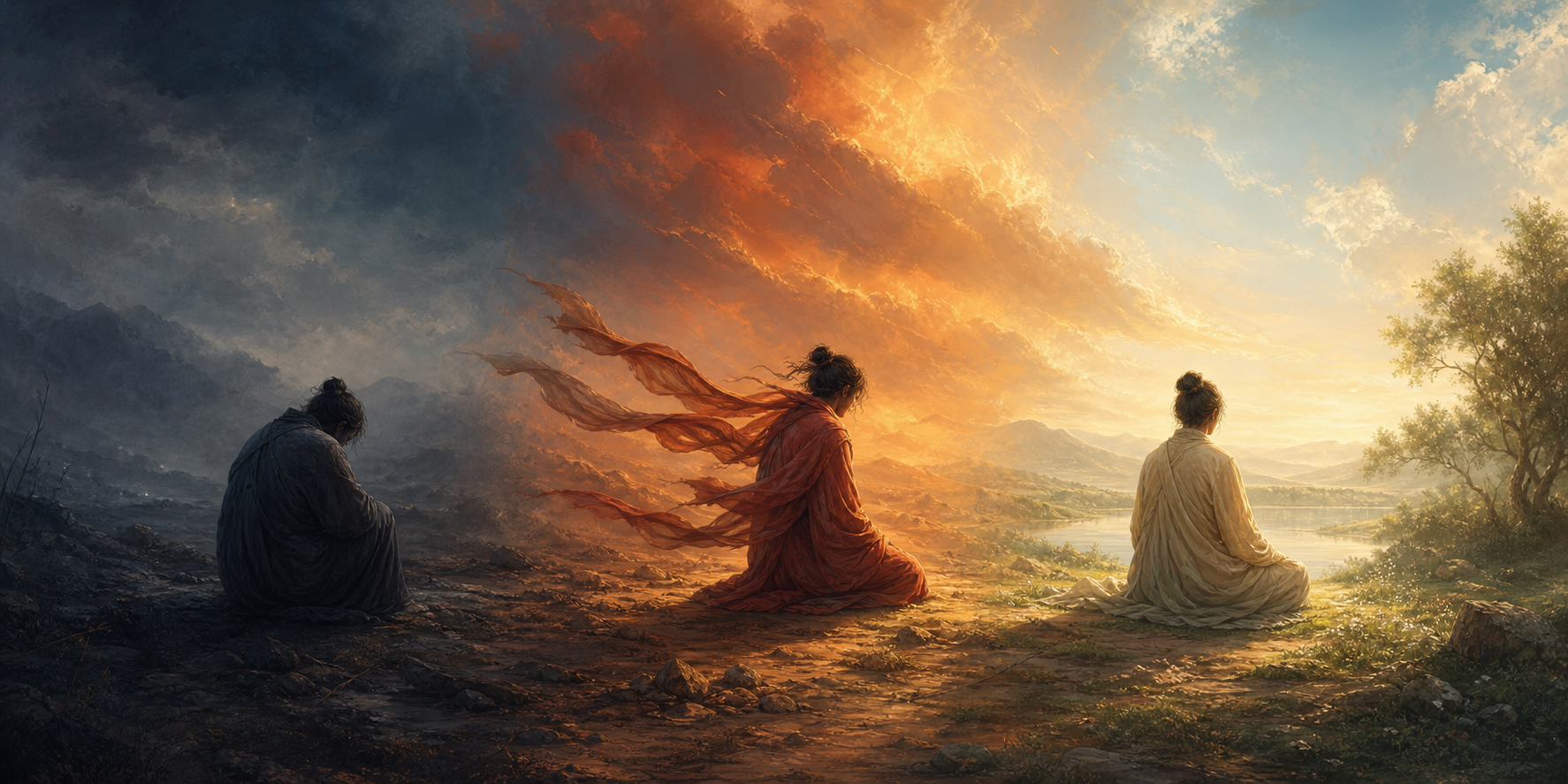 The same seated figure appears in three connected settings that progress from shadowy stillness to restless motion and then to calm, clear light.