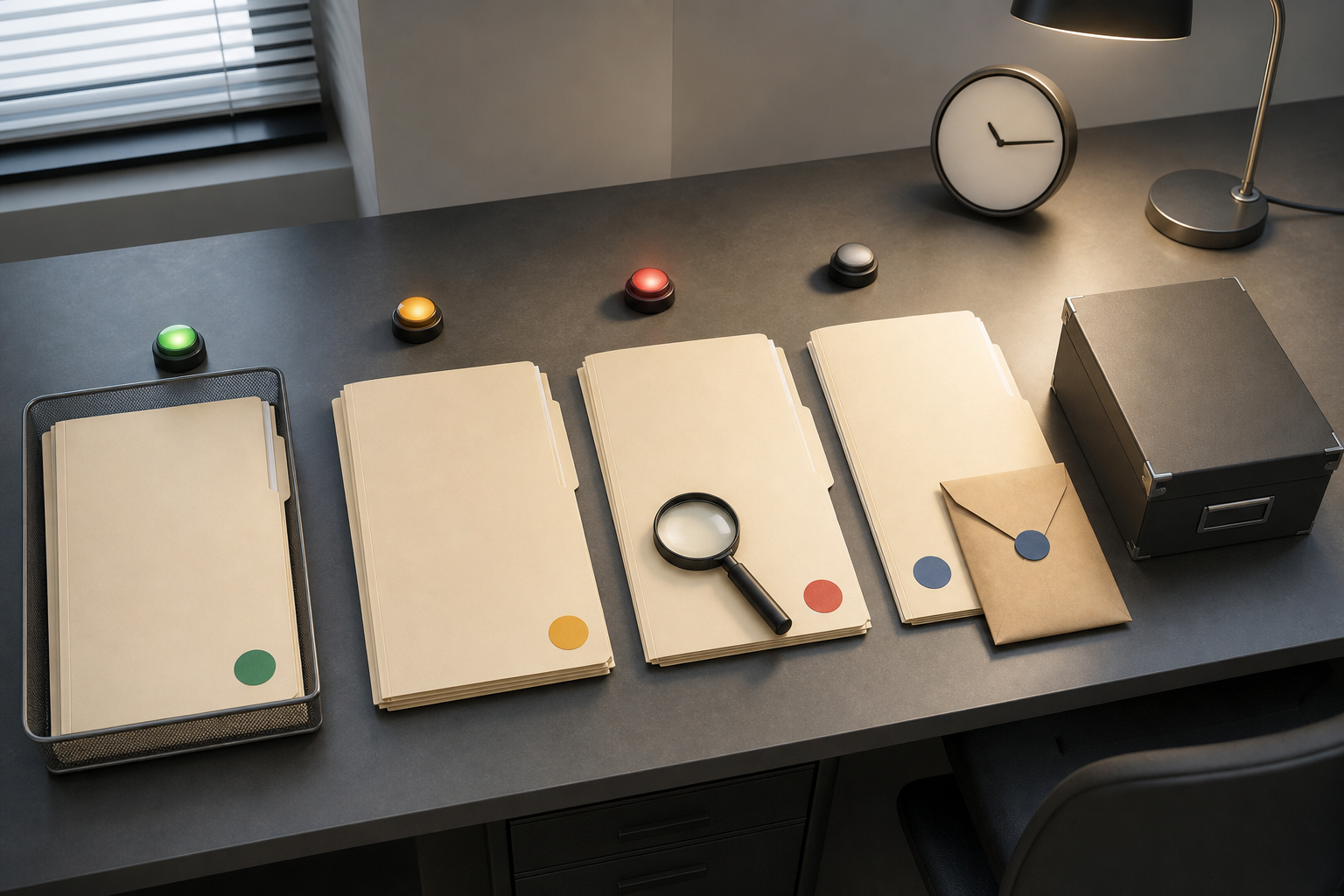 Plain case folders, an evidence envelope, a clock, a magnifying lens, a secure file box, and status lights are arranged in stages across an administrative desk.