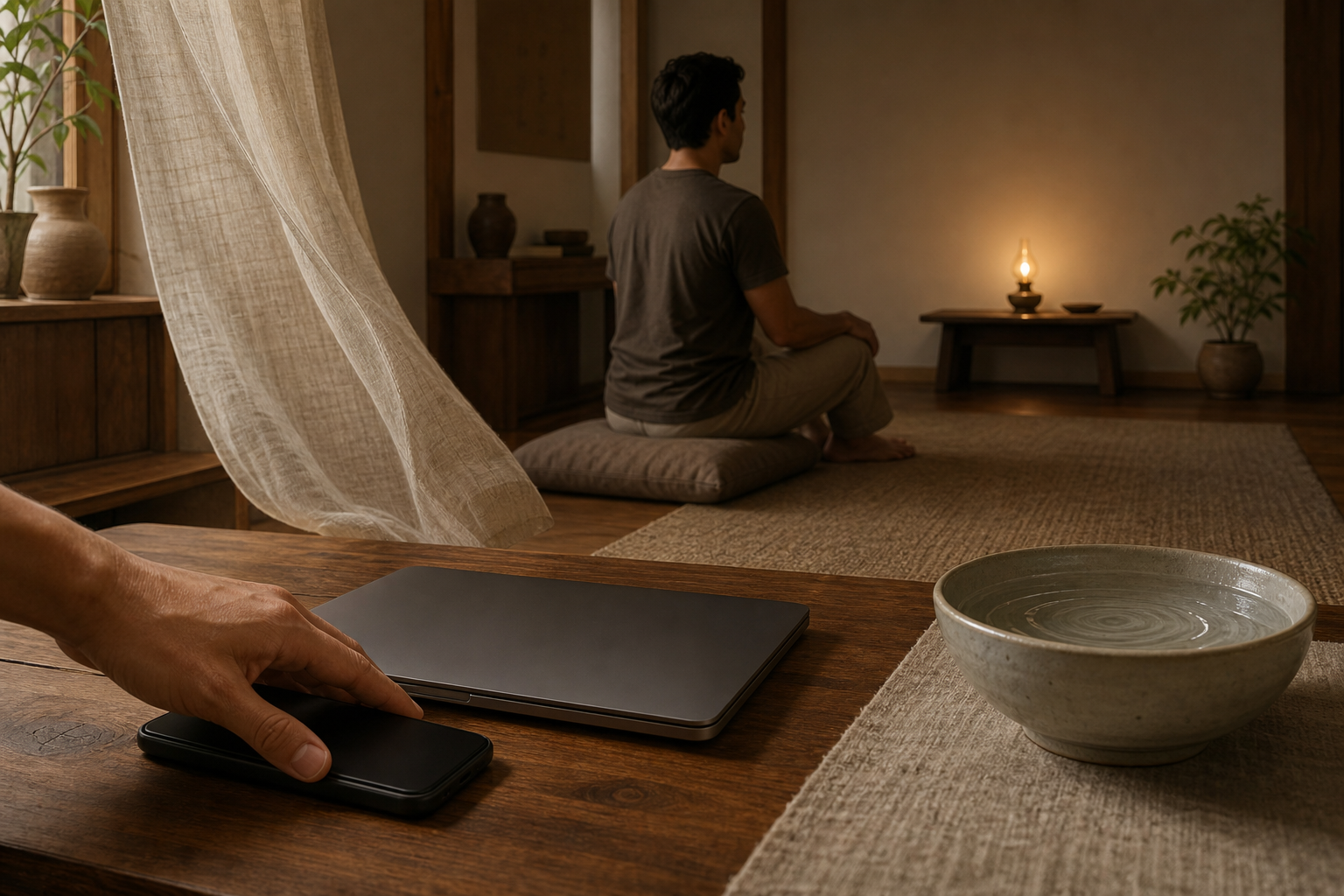 A phone and laptop are set aside in the foreground while a seated person settles the body, breath, and gaze toward a small lamp in a quiet room.