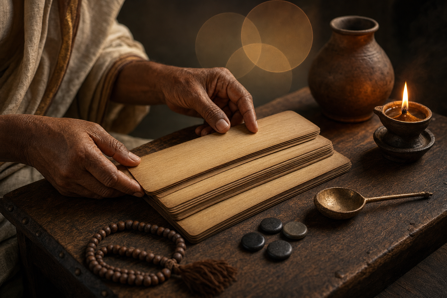 A scholar's hands arrange blank palm-leaf folios among an oil lamp, beads, a ritual spoon, a clay vessel, and small counters.