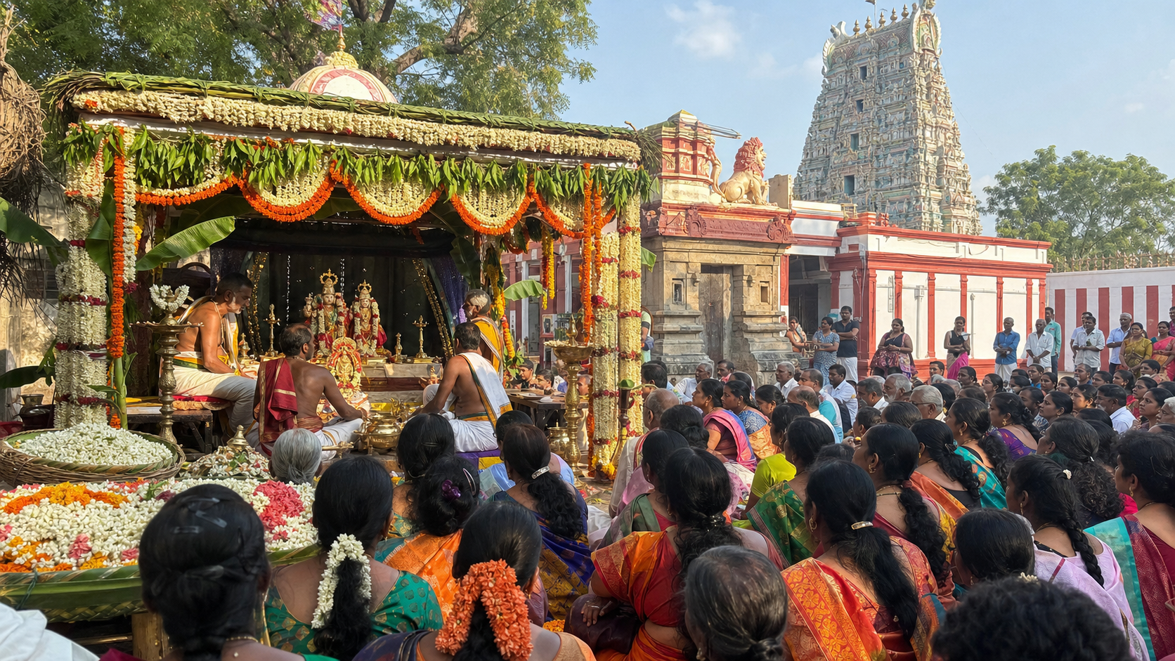 Pilgrims watch priests conduct Sita-Rama Kalyanam beneath a flower-decorated mandapam in an Andhra temple courtyard.