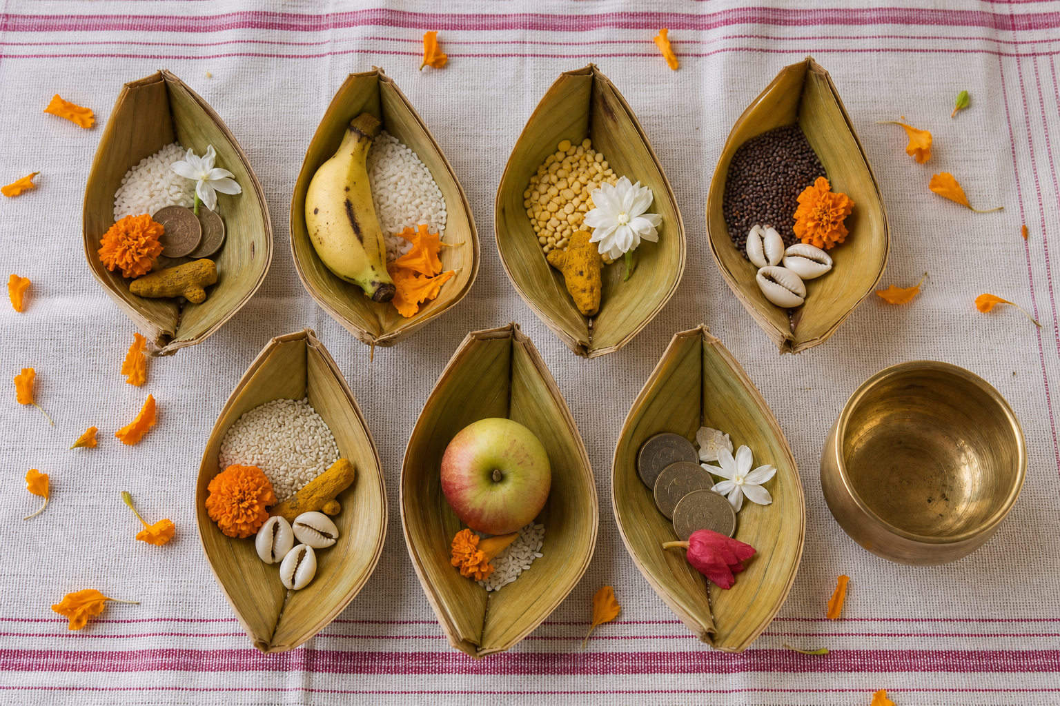 Seven banana-stem boats containing small portions of grains, seeds, fruit, flowers, cowrie shells, and coins.
