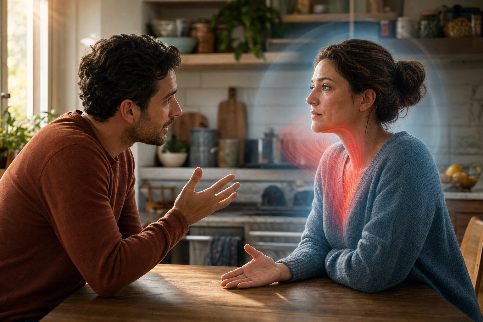 Two people have a tense conversation at a kitchen table while one pauses with an open hand as a red emotional wave settles within cool light.