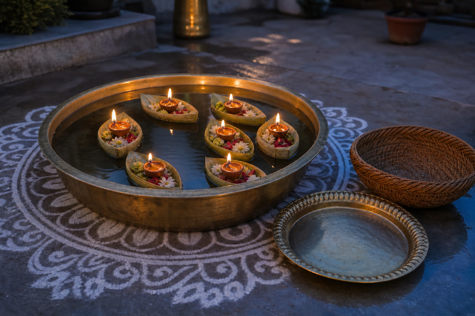 Seven banana-stem boats floating in a shallow brass basin beside a tray prepared for their removal after the ritual.
