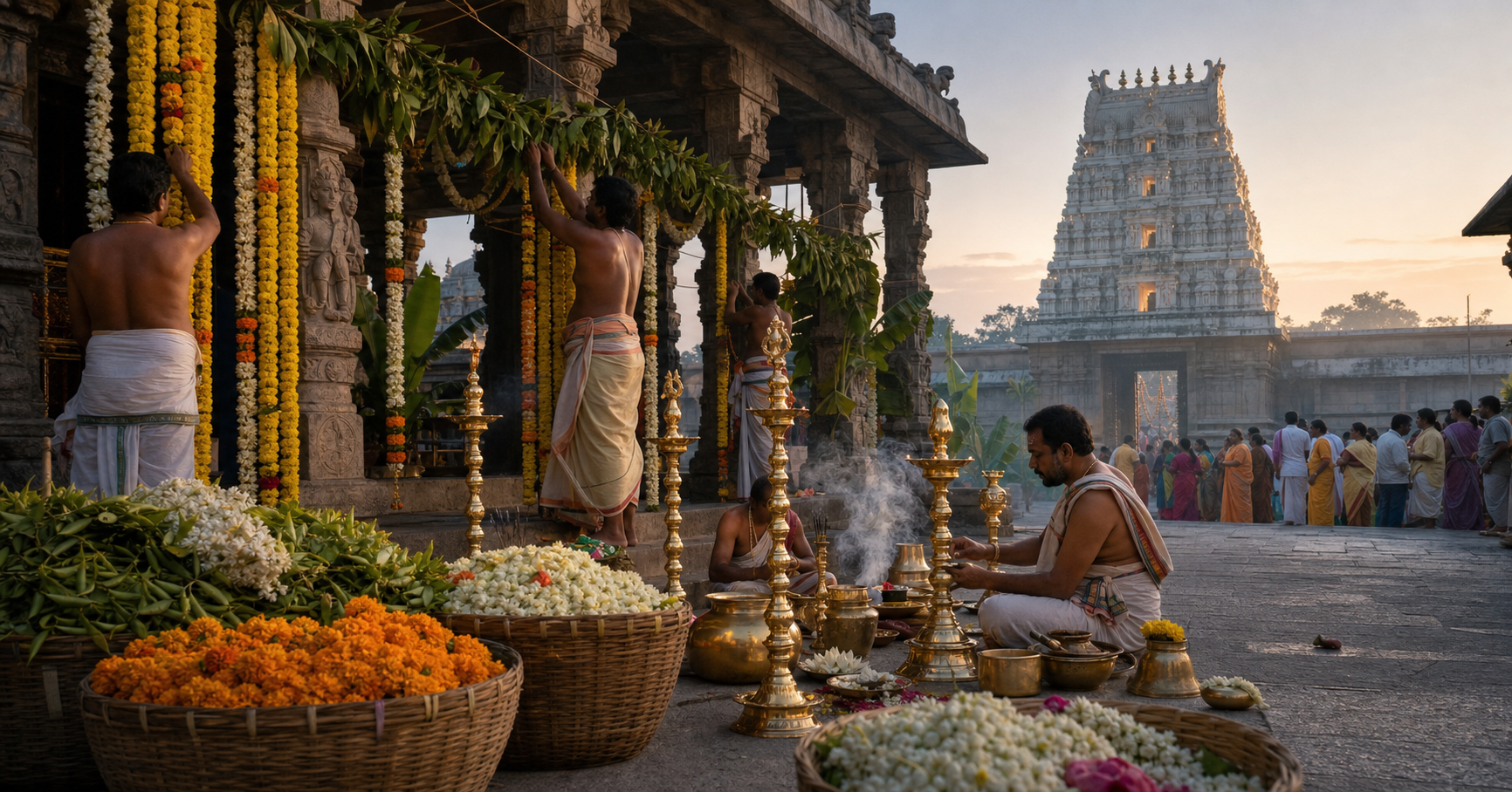 Temple workers, priests and devotees prepare garlands, lamps and ritual vessels before dawn at an Andhra temple.