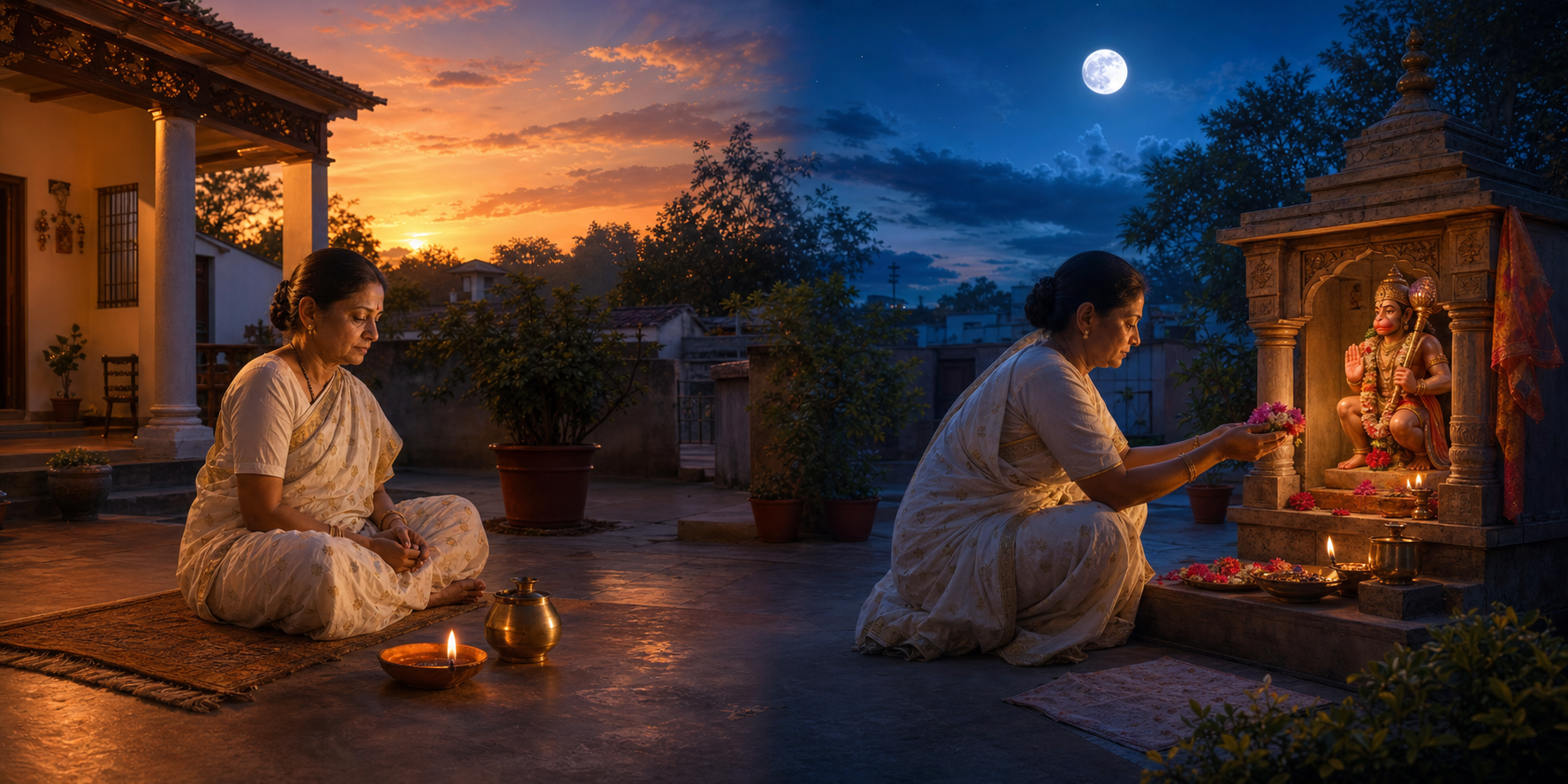 A continuous courtyard scene shows a devotee beginning a fast at sunset and worshipping Hanuman before dawn the next morning.