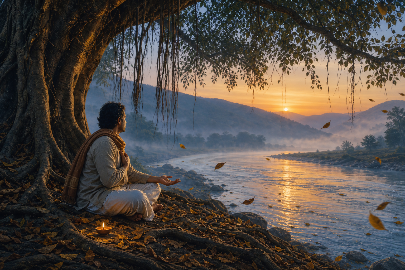A person sits beneath a banyan tree beside a flowing river at dawn, with a small oil lamp glowing near the tree roots.