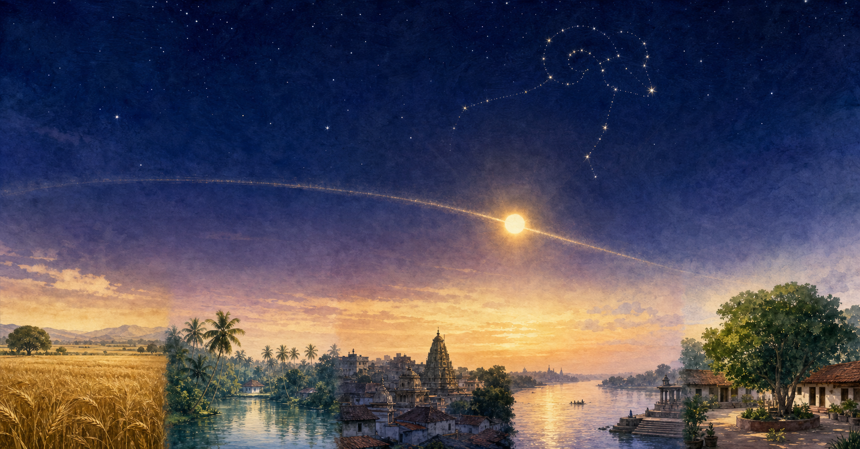 An illustrated sun crosses a celestial boundary near a ram-shaped constellation as dawn reaches several different Indian landscapes.