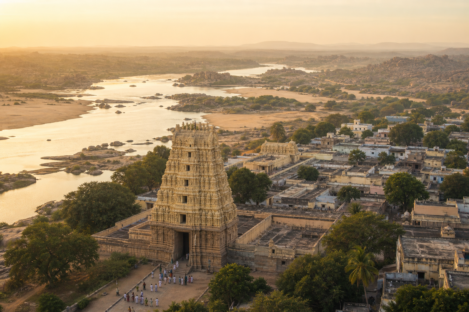 A temple settlement at Mantralayam stands near the Tungabhadra River amid the dry Deccan landscape.