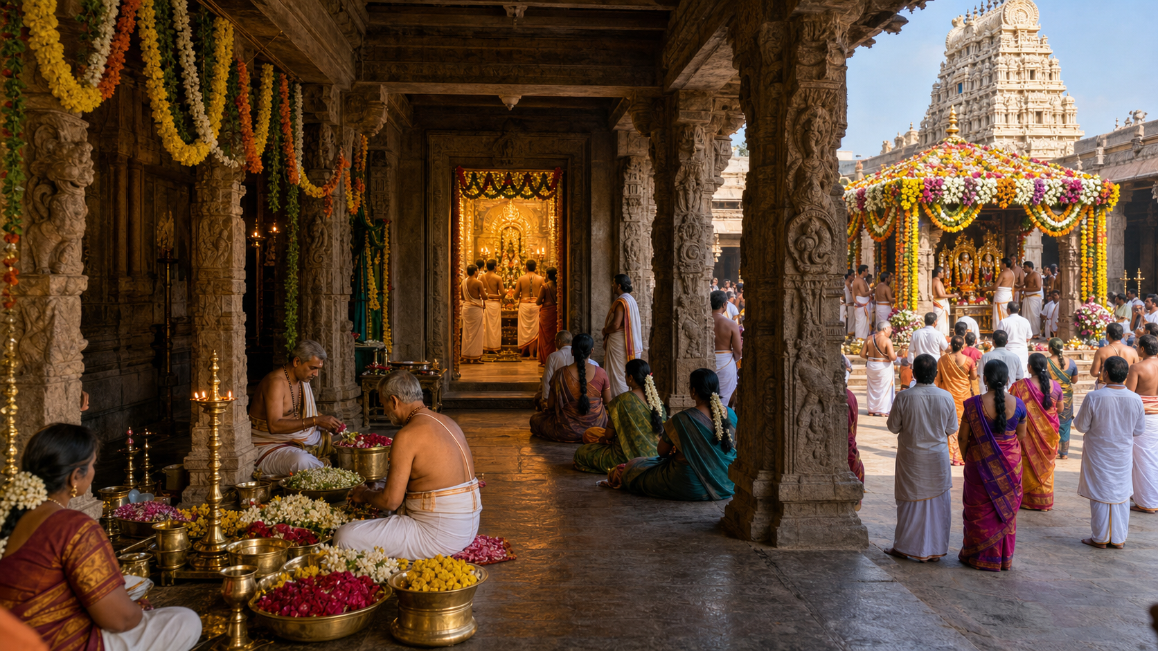 Pilgrims view ritual preparations, shrine worship and a public temple ceremony across connected areas of an Andhra temple.