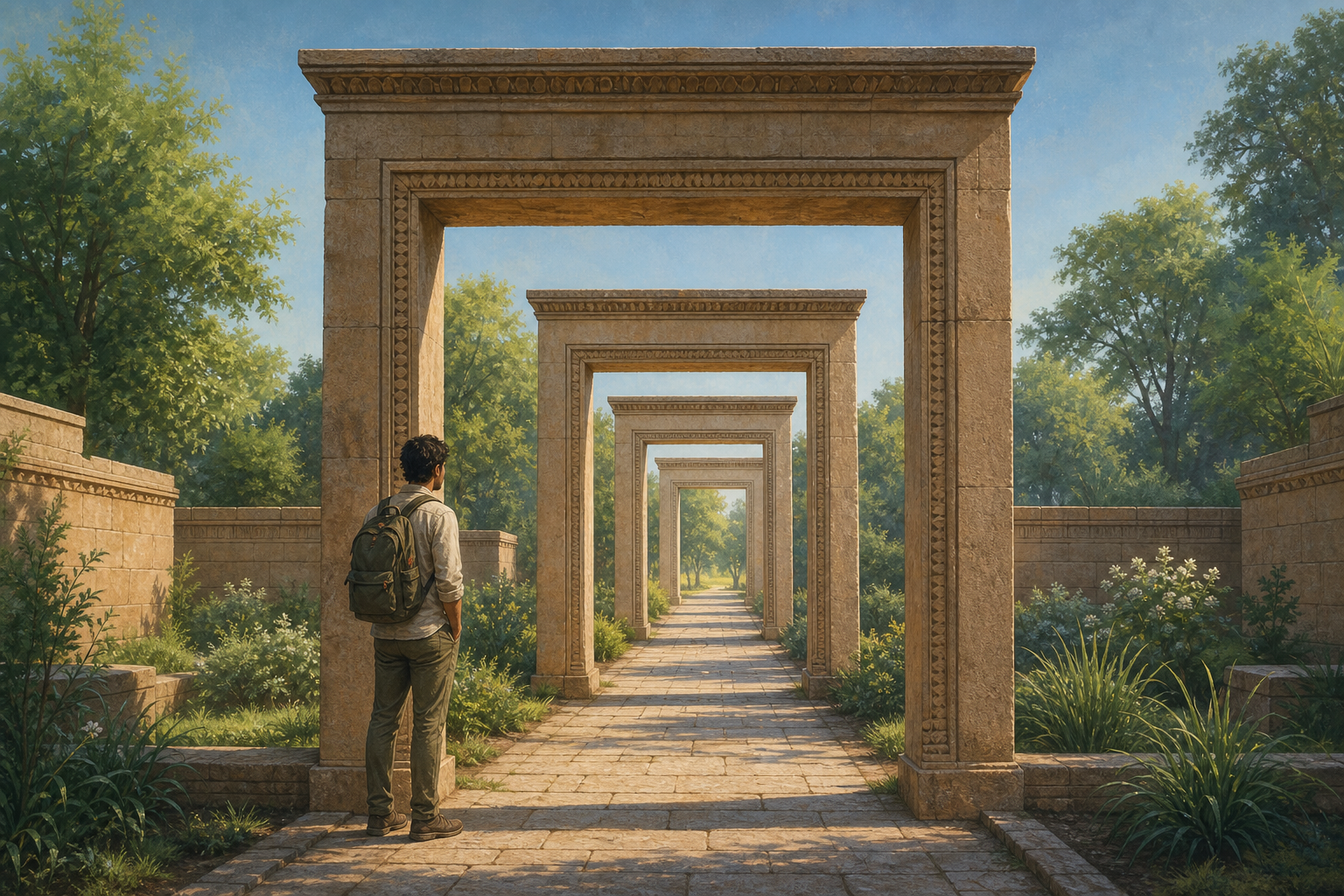 A traveler pauses before a path of five open stone gateways leading toward a sunlit grove.