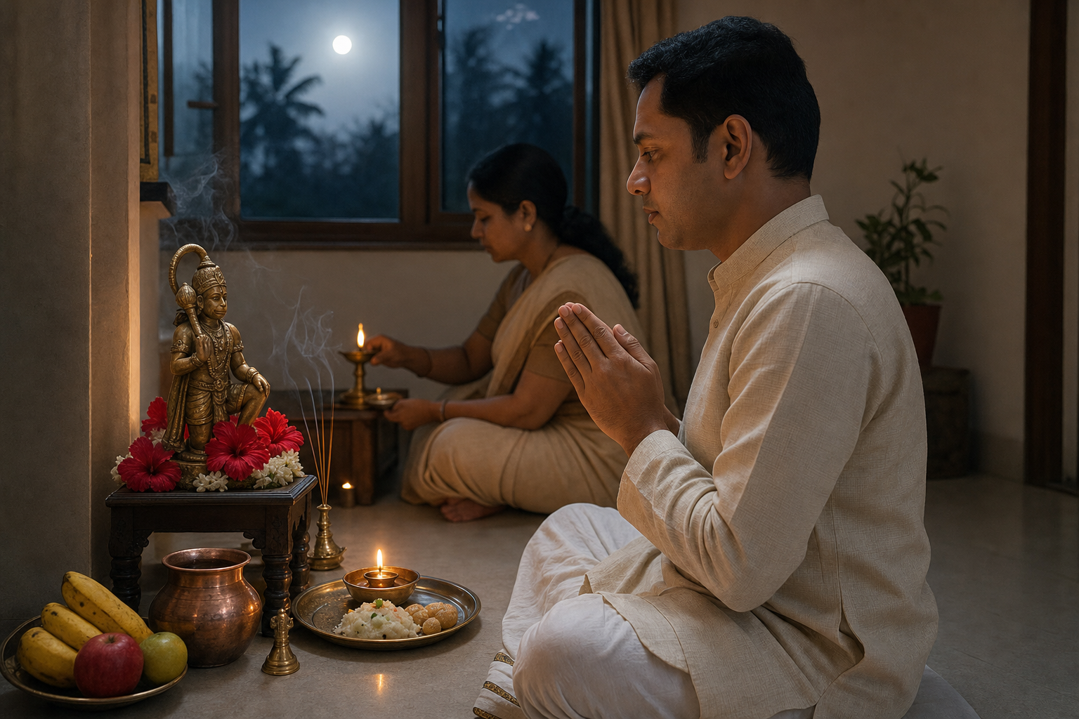 Two family members perform a predawn Hanuman puja with flowers, a lamp, water, fruit, and a small brass murti.