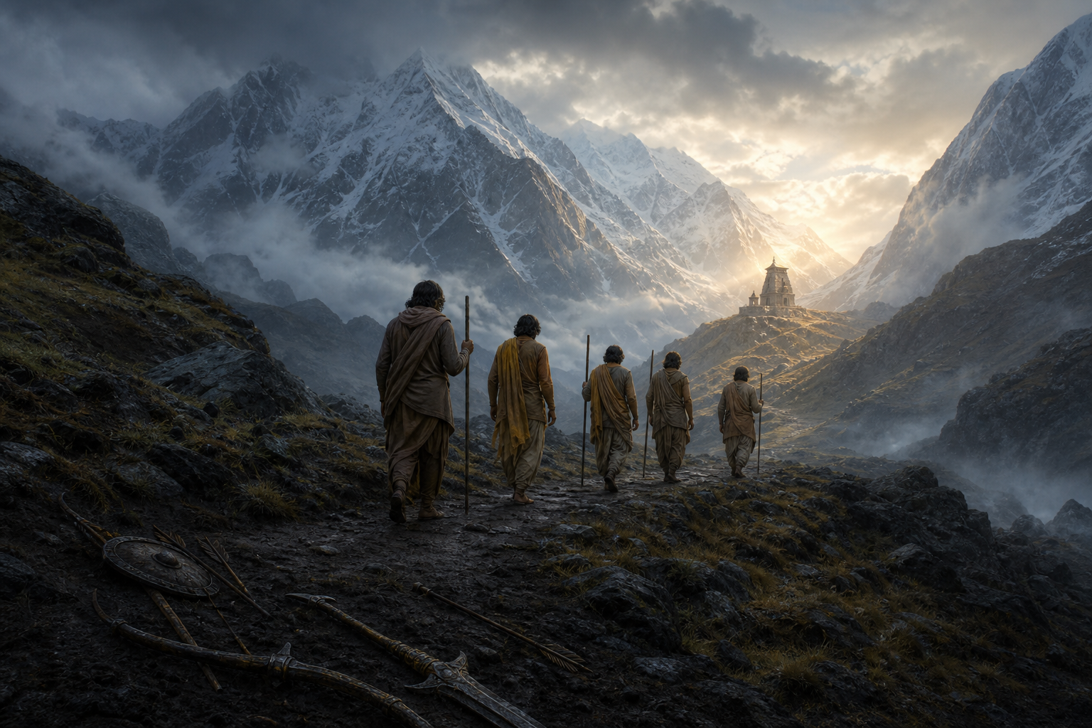 Five robed brothers walk away from buried weapons toward a small stone temple beneath snow-covered Himalayan peaks at dawn.