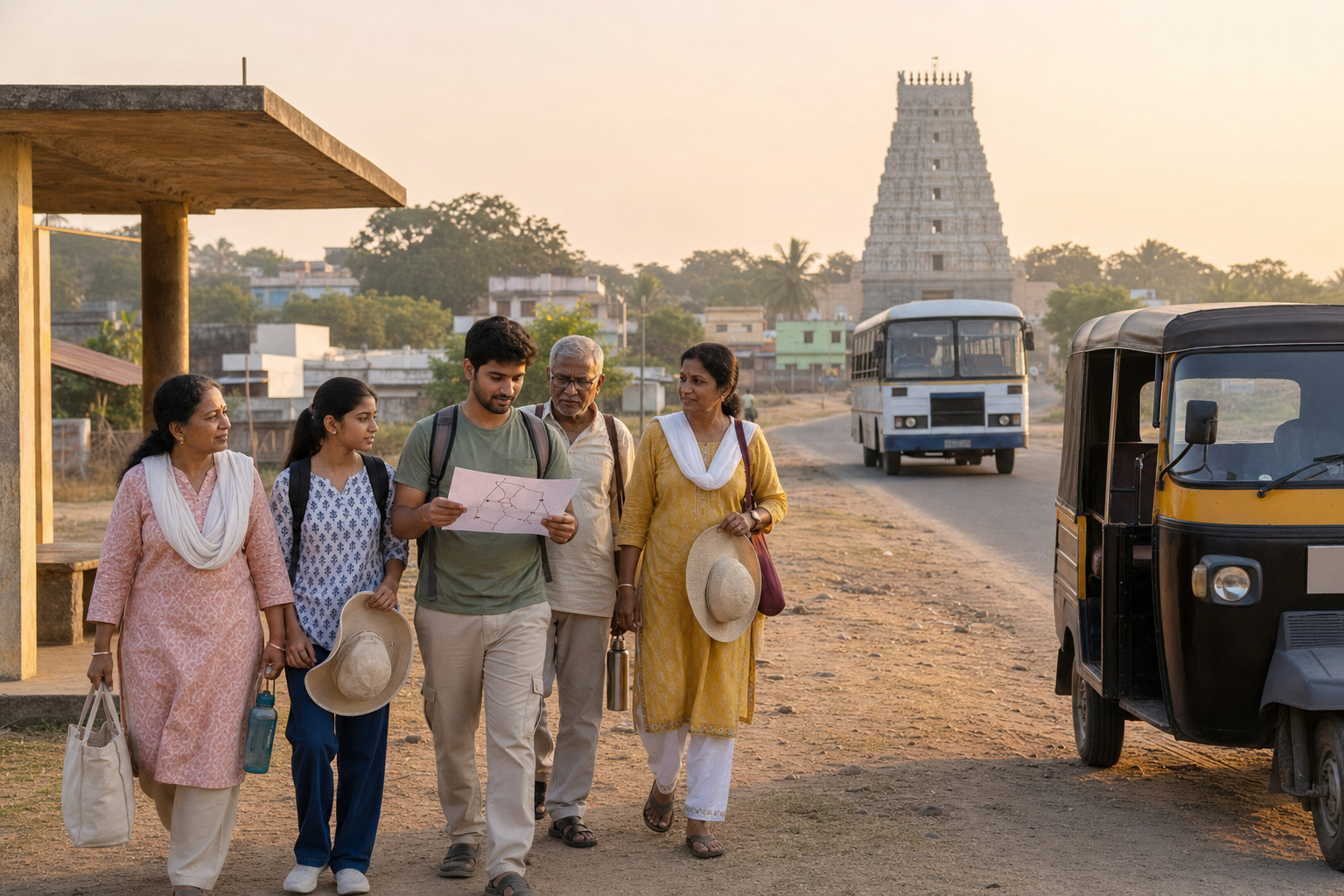 Pilgrims carrying light bags travel by bus and auto-rickshaw toward a temple gopuram in an Andhra town.