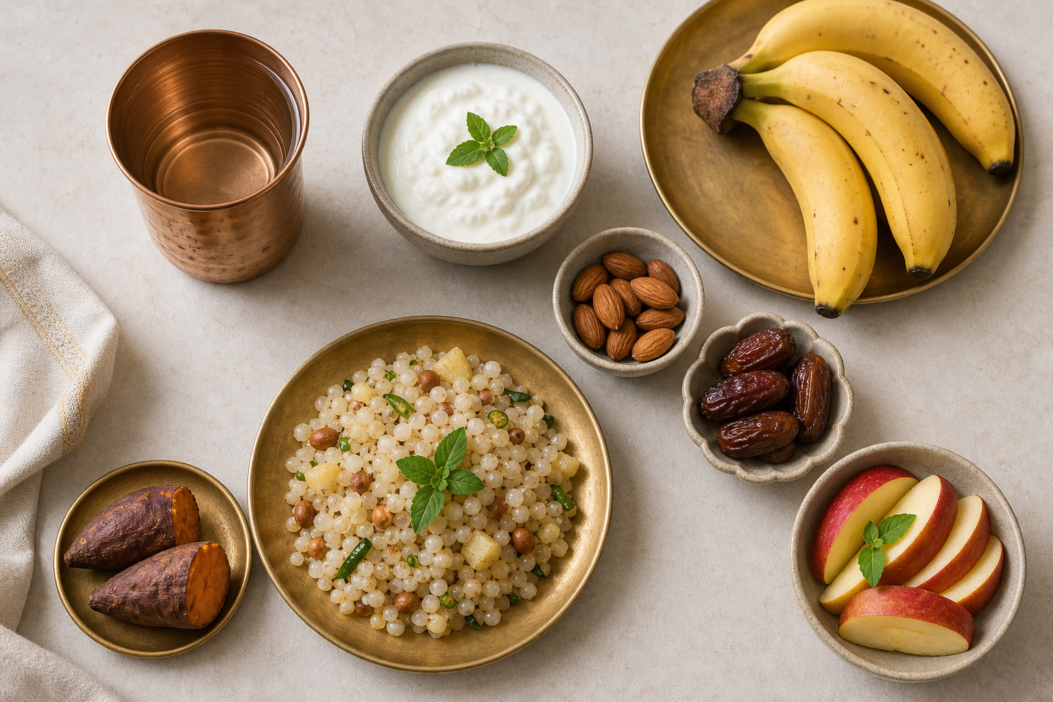 A moderate fasting meal includes water, yogurt, fruit, nuts, dates, sweet potato, and a small serving of sabudana khichdi.