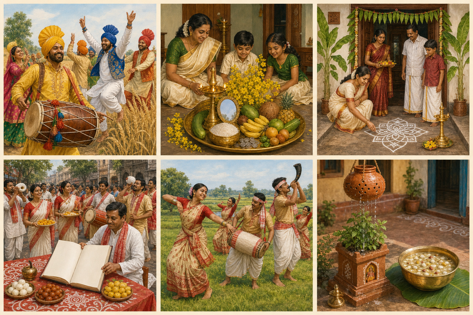 Six separate panels depict Vaisakhi in Punjab, Vishu in Kerala, Puthandu in Tamil Nadu, Pohela Boishakh in Bengal, Rongali Bihu in Assam and Pana Sankranti in Odisha.