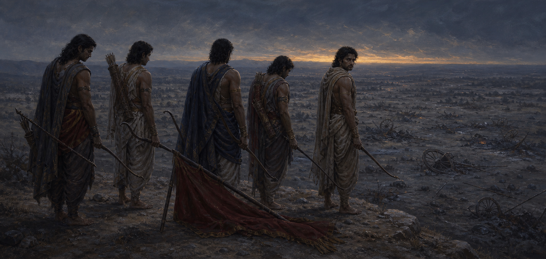 Five weary warriors stand with lowered weapons above a silent battlefield scattered with broken chariot wheels and shields at twilight.