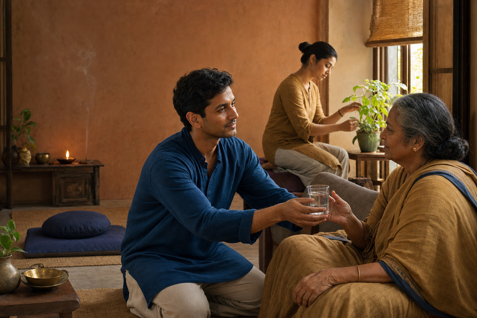 A person offers water to an older adult beside a simple meditation corner with a cushion, lamp, and faint incense smoke.