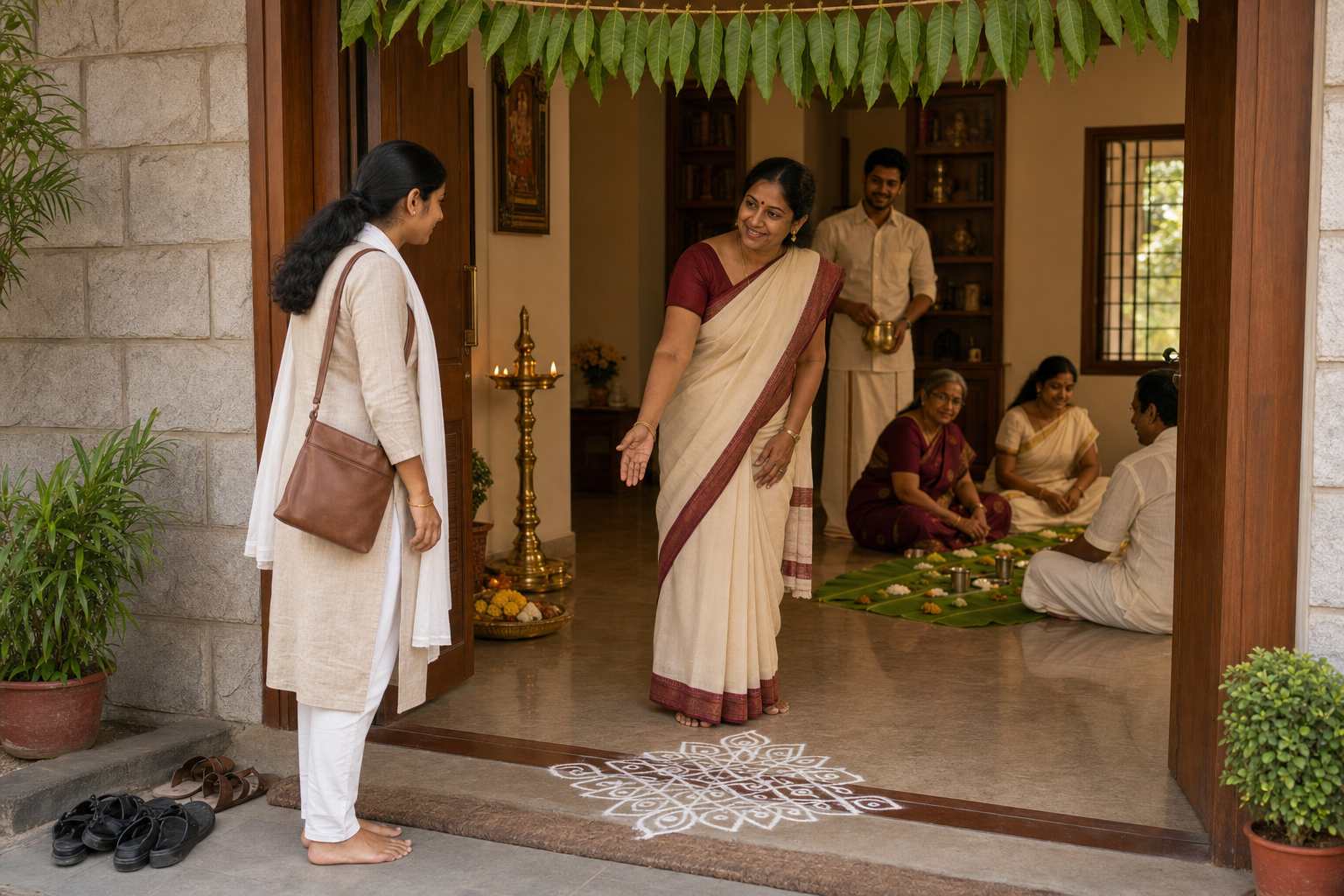 A guest leaves shoes outside and follows a host's guidance while entering a Tamil Puthandu celebration with a kolam and brass lamp.