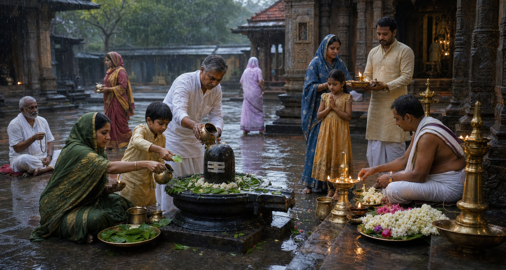 Devotees offer water, bilva leaves, flowers and lamps in a rain-washed Shiva temple courtyard during Shravan observances.