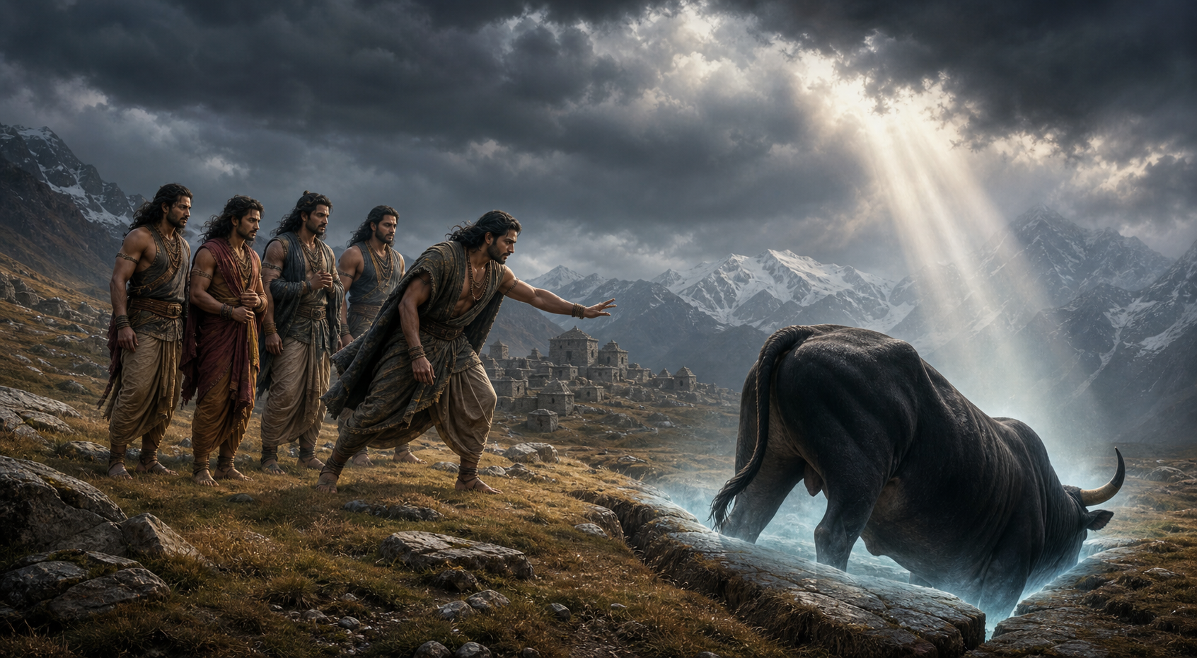 Five pilgrims watch as a dark bull begins to disappear into a fissure in a windswept Himalayan meadow.