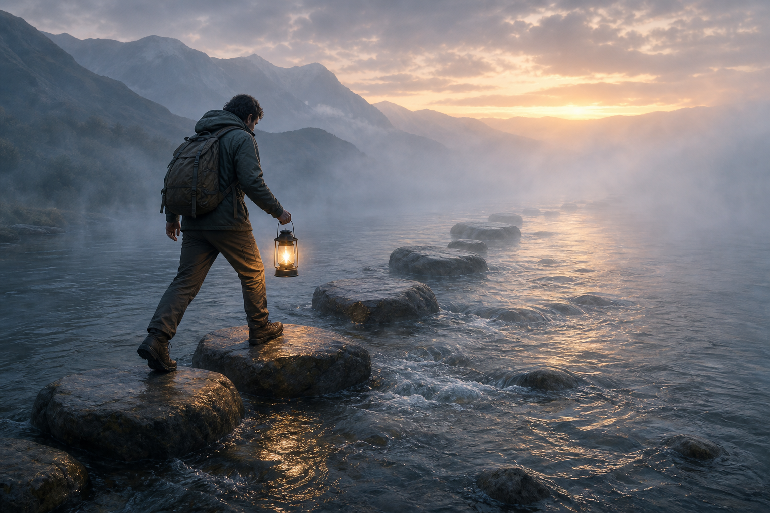A traveler carrying a lantern steps across stones in a shallow stream while the path ahead fades into morning mist.