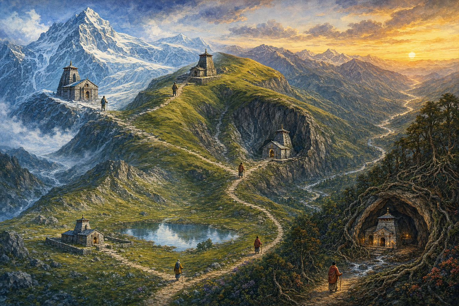 A winding Himalayan trail passes five small stone shrines set among a glacier, high ridge, rock basin, alpine meadow, and forested cave valley.